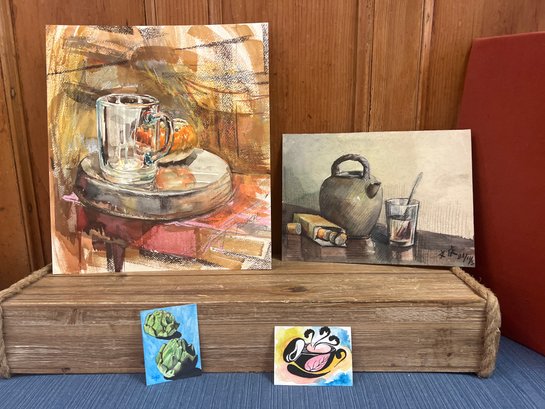 4 Original Still Life Paintings: Artichoke, Teapot, Coffee And More