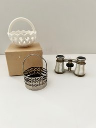 Pearl Inlay Opera Binoculars, Hartley Greens & C Leeds Pottery And Small Silver Plate Basket