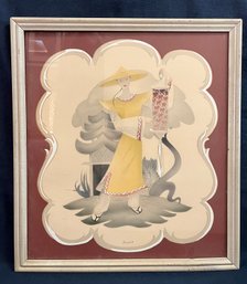 Vintage Girl Holding Lantern 1940's Bernard Picture Co. Asian Watercolor Paintings