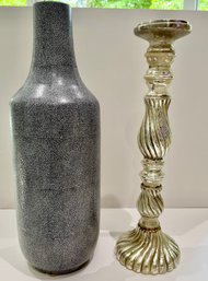 Ceramic Grey Vase And Mercury Pillar Candle Holder