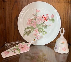 Hand Painted By Annie  Flower, Birds/butterflies Porcelain Plate, Cake Slicer  And Bell