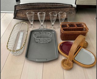 4 Plastic Cups, 2 Long Baskets, Metal Long Basket, Fold Up Red/grey Ceramic Cheese Plate, Metal Napkin & More