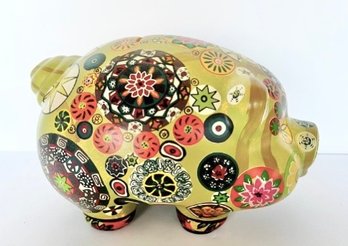 Vintage 60s Mexican Flower Paint Pottery Piggy Bank