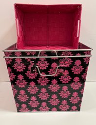 2- Jumbo Storage Bins Aluminum 15x 15 X 12.5 And Pink Fabric Basket