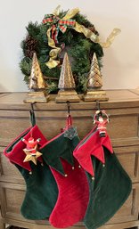 Christmas Wreath, 3 Stockings, Ornaments, And Tree Stocking Holder