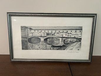 Ponte Vecchio Bridge In Florence, Italy, Illegibly Signed Charcoal Drawing