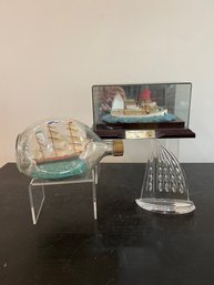 Waterford Sailboat Sculpture, HMS Bounty In A Pinch Bottle And Motor Yacht Kim In A Display Box