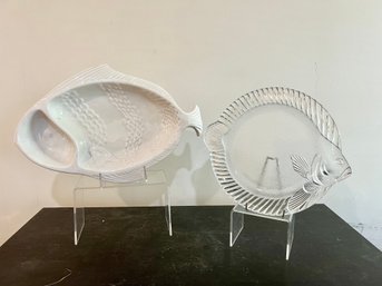 Vintage California Pottery USA Fish Platter And Mikasa Fish Flounder Clear Glass Platter