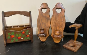 Wood Candle Wall Sconces With Cut Out Hearts, Vintage Wood Caddy Box, And Pipe Stand
