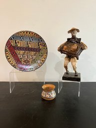 Peru Pottery Vase, Vintage Mexican Folk Style Paper-mache Sculpture, And Decorative Wood Plate