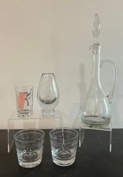 Etched Flower Decanter, Etched Ducks Vase, Colorful Bird Glass, And 2 Vintage Glasses