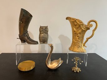 Brass Owl/cowboy Boot/coasters And Swan, Hand Painted Gold Ceramic Pitcher, And
