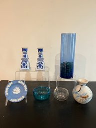 Nemadji Pottery, Blue And White Candlesticks, Wedgwood Trinket Tray, Trinket Dish, Blue Vase W/ Marbles