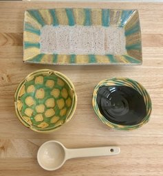 Signed Stoneware Tray, 2 Pottery Bowls And Spoon