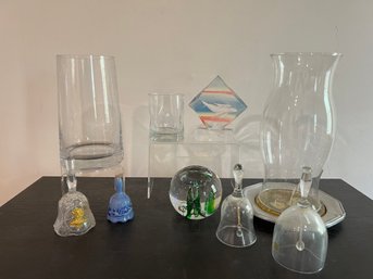 Glass Vase, Bells, And Kosta Paperweight