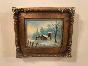 Vintage Signed Painting Of Winter Barn