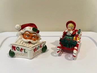 Vintage MCM Lefton Girl W/ Gifts In Candy Cane Sleigh, & Vintage Lipper Mann NOEL Santa Candle Holder