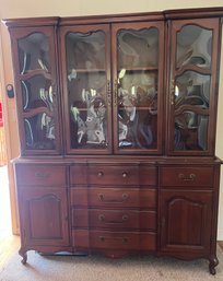 French Provincial China Cabinet Or English Bookcase With Bevelled Glass & Secretary Desk