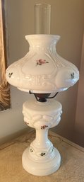 Milk Glass Hurricane Lamp With Painted Flowers