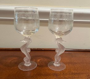 2-Frosted Sea Horse Stemmed Etched Glasses