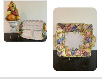 Ceramic Fruit Tree And 2-Trays Made In Italy
