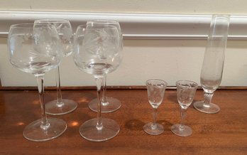 4 Etched Glass Wine Glasses, 2 Cordial Glasses And Bud Vase