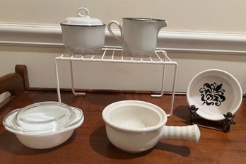 Avas Greenhouse Stoneware Creamer & Sugar, Pyrex Lidded Dish, Hall Ceramic Handle Pot, & Chateaux Wine Coaste