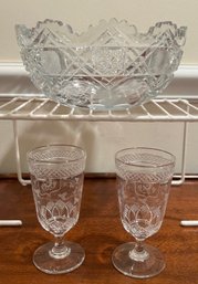 Cut Glass Bowl With Etched Flower And 2 Etched Cordial Glasses