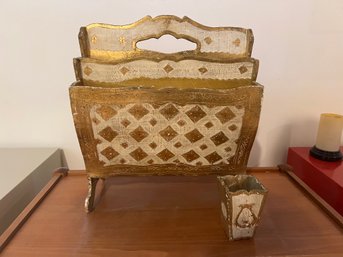 Florentine Gold Painted Made In Italy Magazine Rack And Pencil Holder