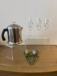 3- Signed Champagne Glasses, Bird Salt/pepper Shakers, Coffee Pot And Flower Holders