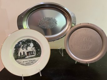 Americas Bicentennial Stainless Steel And Pewter Platter, And 90th Anniversary Historical Landmark Plate
