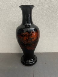 Asian Black Lacquer Vase On Wood Base