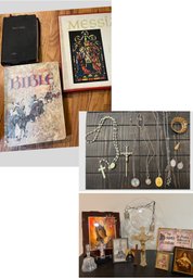 Religious Lot: Jewelry, Decor Plates, Crucifix, And More