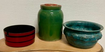 Japanese Lacquer Bowl, Pottery Canister And Signed Planter