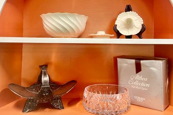 Gorham Althea Lead Crystal Bowl, Simpson, Hall Miller Quadruple Plate Basket, And Lenox Bowl & Candle Holder