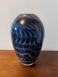 Signed Blue Swirled Glass Vase