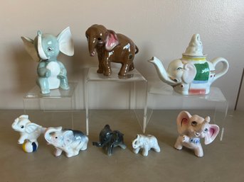 Porcelain Elephants: Tea Pot And Figurines