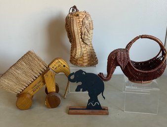 Elephant Bell, Handy White Tampico Elephant, Elephant Basket And Wood Elephant On Stand