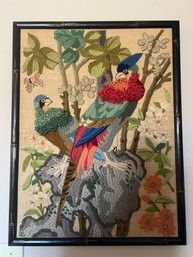 Vintage Large Crewel Embroidery Of Tropical Birds, Parrots