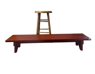 Red Long Low Bench And Wood Stool