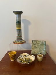 Ceramico Candle Stick Holder, Casafina Hand Painted Olive Bowl, Trivet And 2 Egg Cups