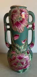 Vintage Moriage Japanese Mid Century Vase Ceramic Gold Tone Gilt, Green With Pink Flowers Handles