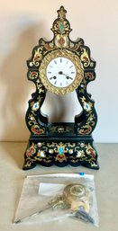 Antique French Napoleon III Black Lacquered Inlaid Clock 19thc