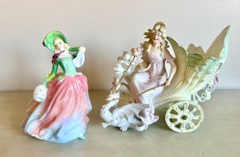 Antique Porcelain Biscuit Woman On A Chariot And Royal Doulton Autumn Breezes 1939