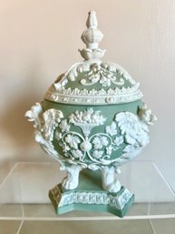 Antique 19th Century German Jasperware Urn Compote Box Gothic Griffin Gargoyles