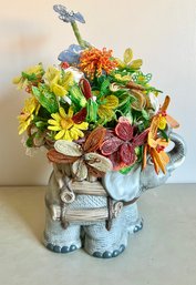 Bouquet Of French Beaded Flowers In An Elephant Ceramic Vase