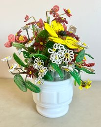 Bouquet Of French Beaded Flowers With Milk Glass Vase