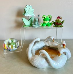 Japanese Lusterware Swan Bowl, Joe St Claire Frog Paper Weight, And Other Frogs