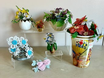 Vintage French Beaded Flowers In Small Vases, Balloon Festival Cup, And More