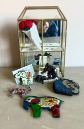 Glass/brass Trinket Shelf, Elephant Change Purse, Key Chain, Pins And More